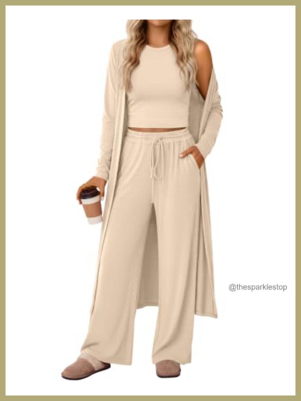 Women's 3 Piece Lounge Set Cardigan Top Wide Leg Pants Travel Outfit